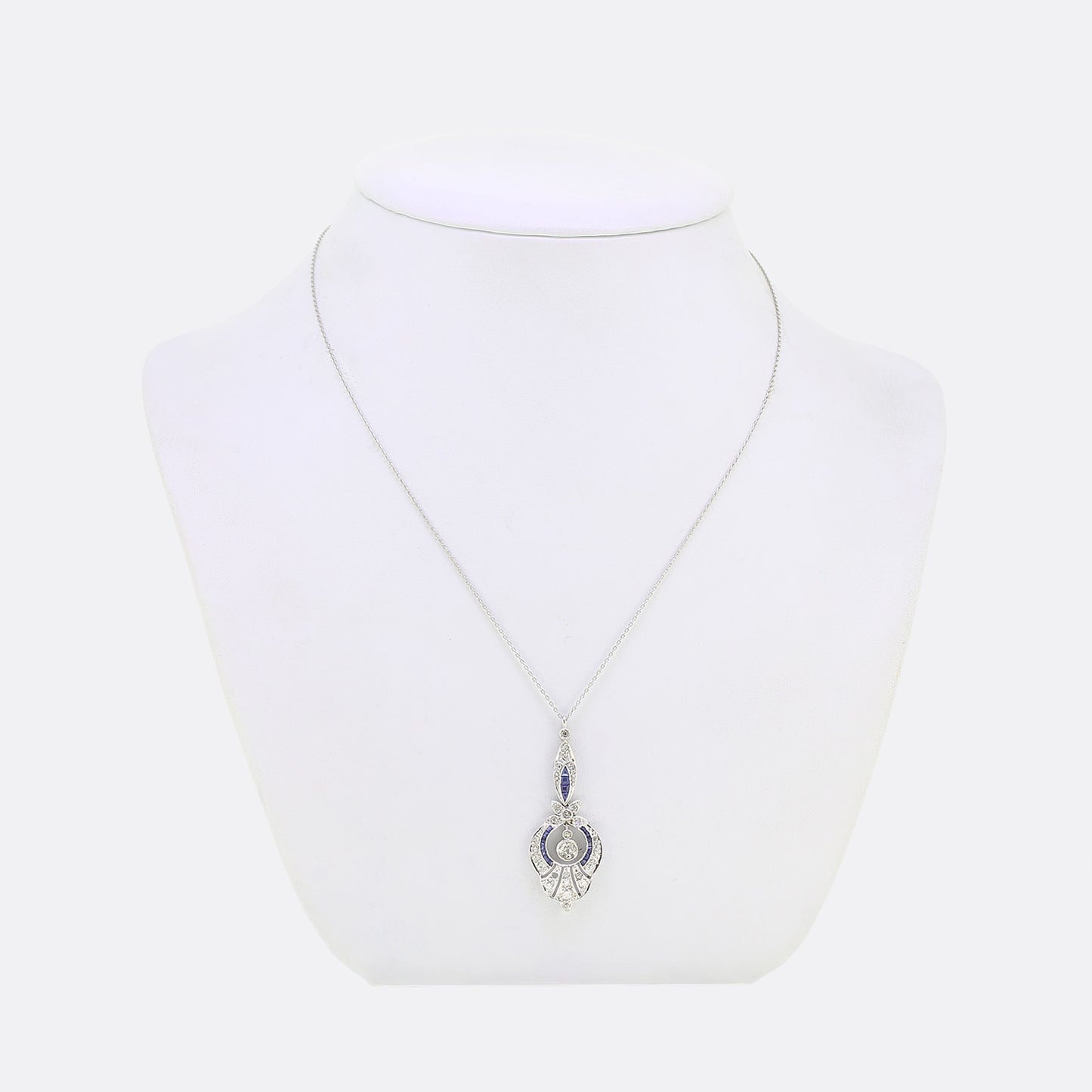 Art Deco Sapphire and Diamond Drop Pendant Necklace