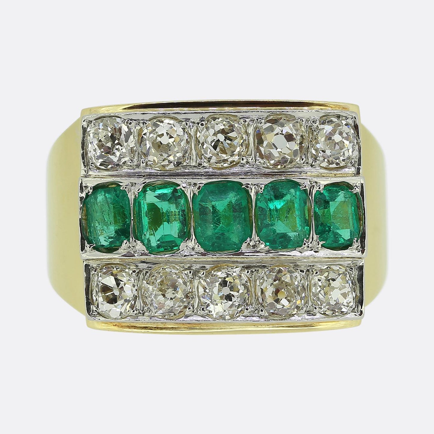 Vintage Emerald and Diamond Three-Row Ring