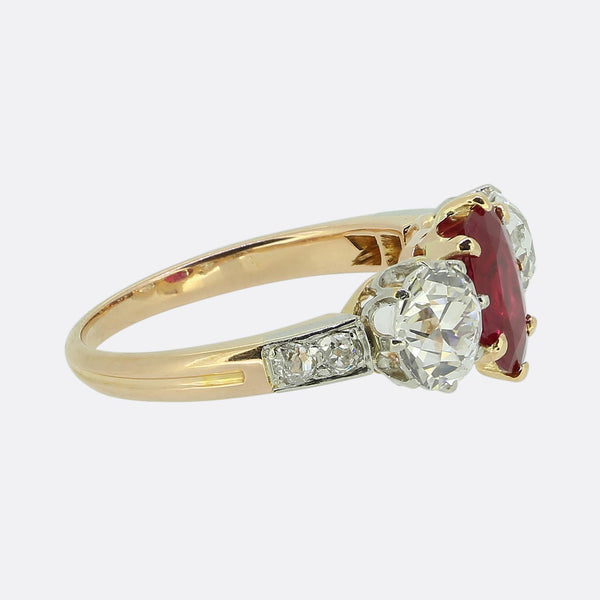 Edwardian Burmese Ruby and Diamond Three Stone Ring