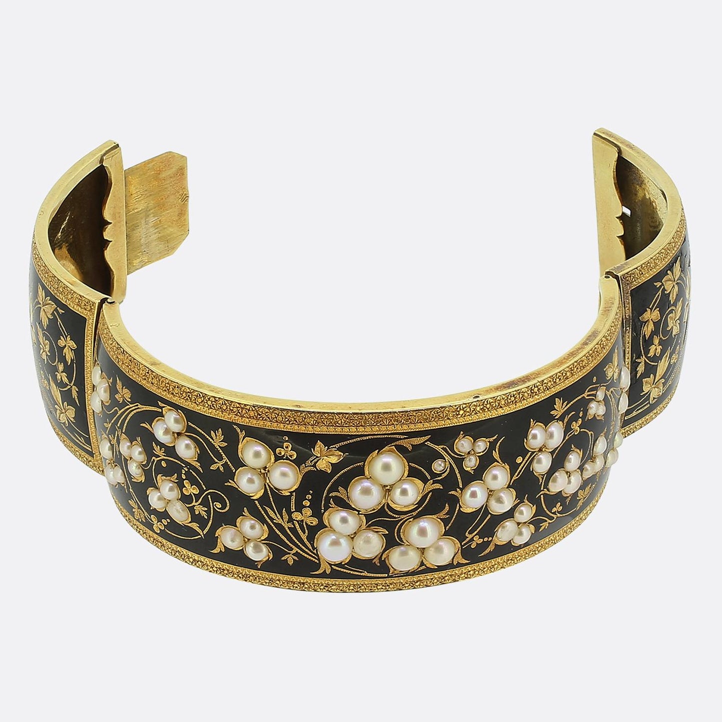 Victorian Pearl and Enamel Foliated Bangle