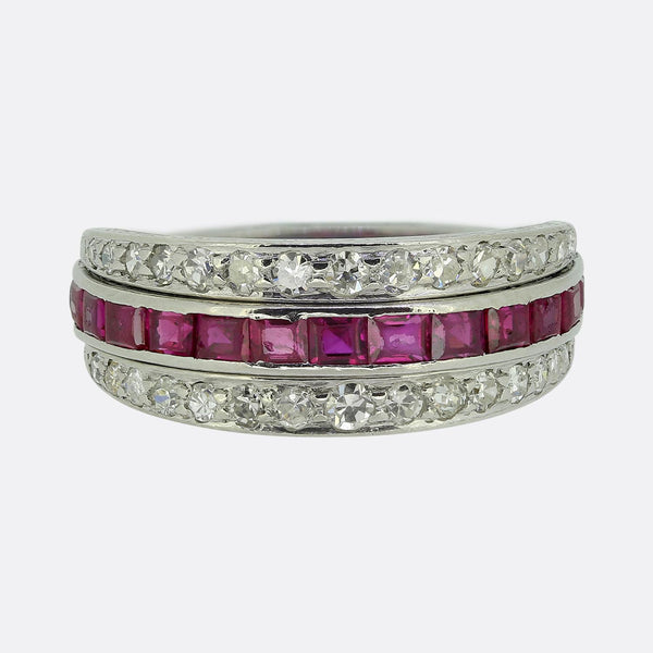 Art Deco Sapphire Ruby and Diamond Day and Night Ring