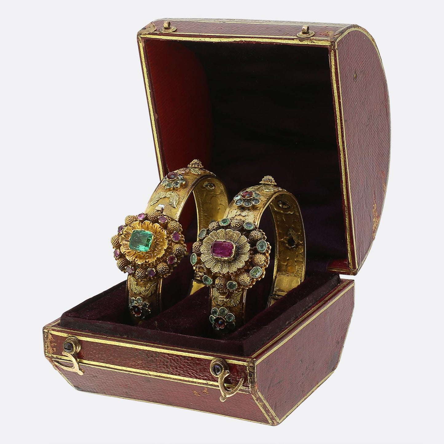 Victorian Emerald Ruby and Enamel Posy Bracelet Set