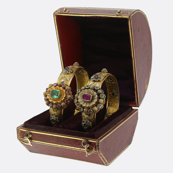 Victorian Emerald Ruby and Enamel Posy Bracelet Set