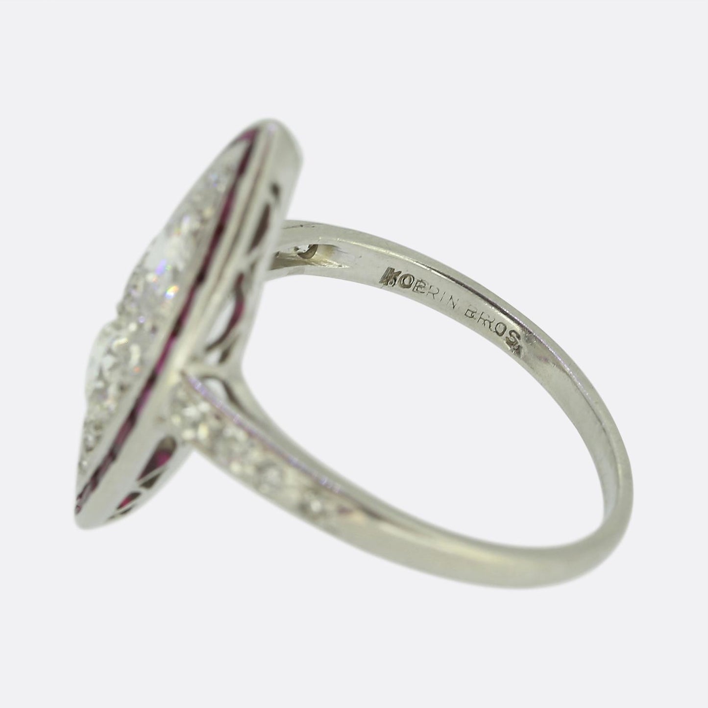 Kobrin Bros. Art Deco Ruby and Diamond Navette Ring