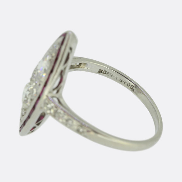 Kobrin Bros. Art Deco Ruby and Diamond Navette Ring