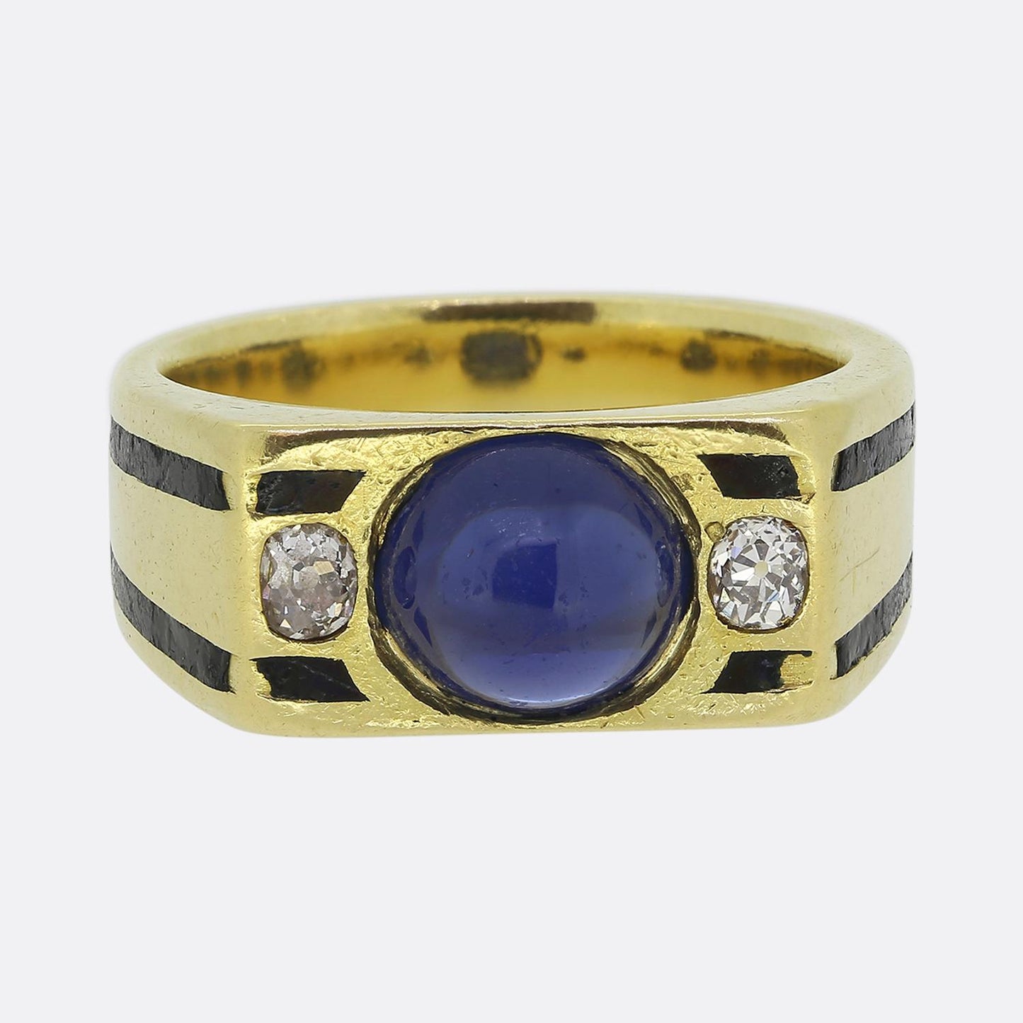French Art Deco Cabochon Sapphire and Diamond Three-Stone Ring
