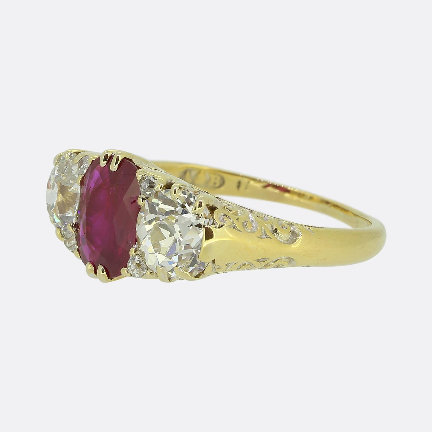 Victorian Natural Burmese Ruby and Diamond Three-Stone Ring