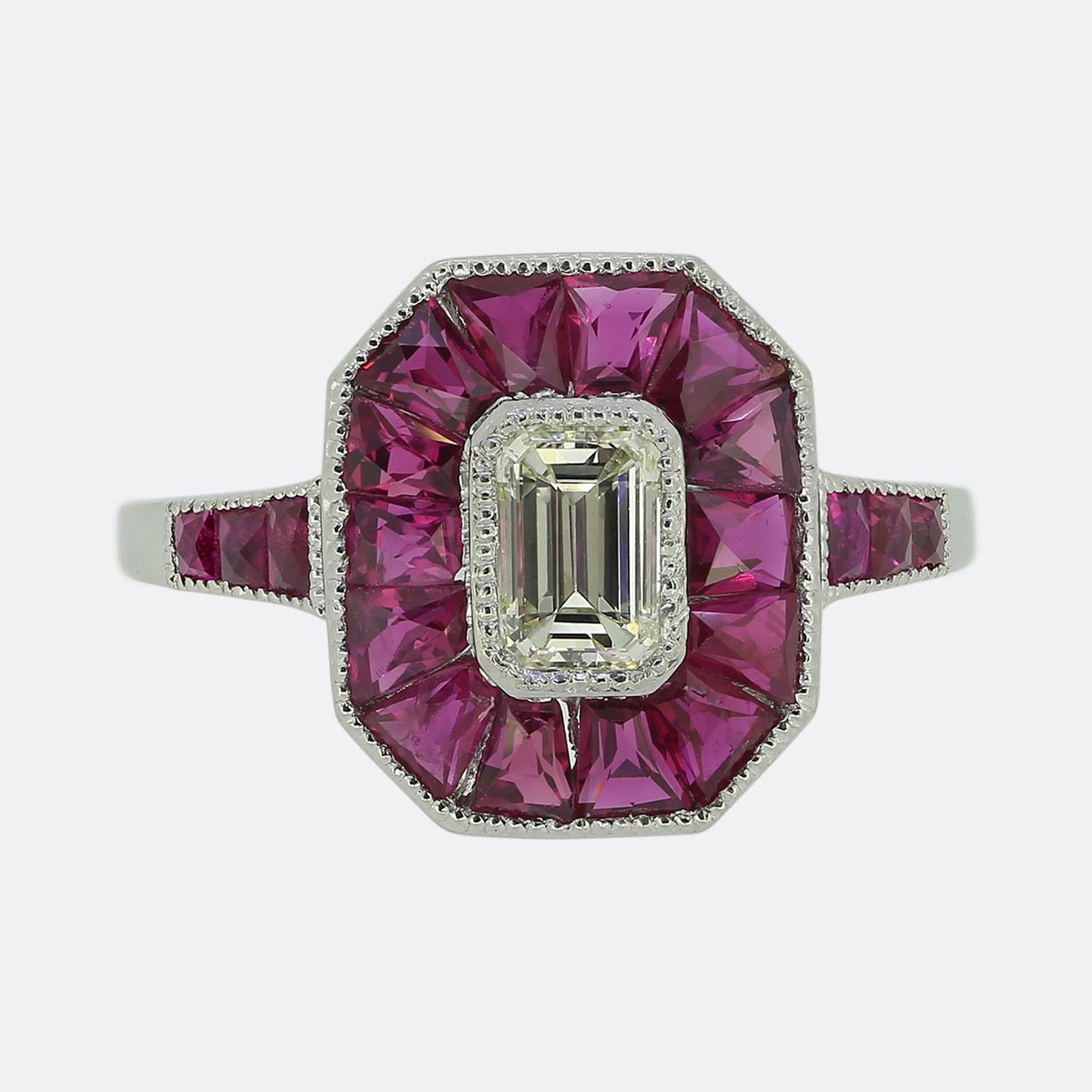 Art Deco Style 0.45 Carat Emerald Cut Diamond and Ruby Ring