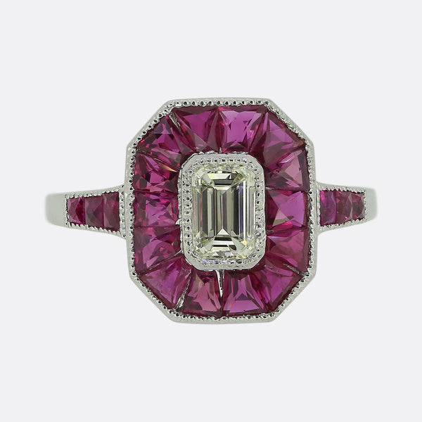 Art Deco Style 0.45 Carat Emerald Cut Diamond and Ruby Ring