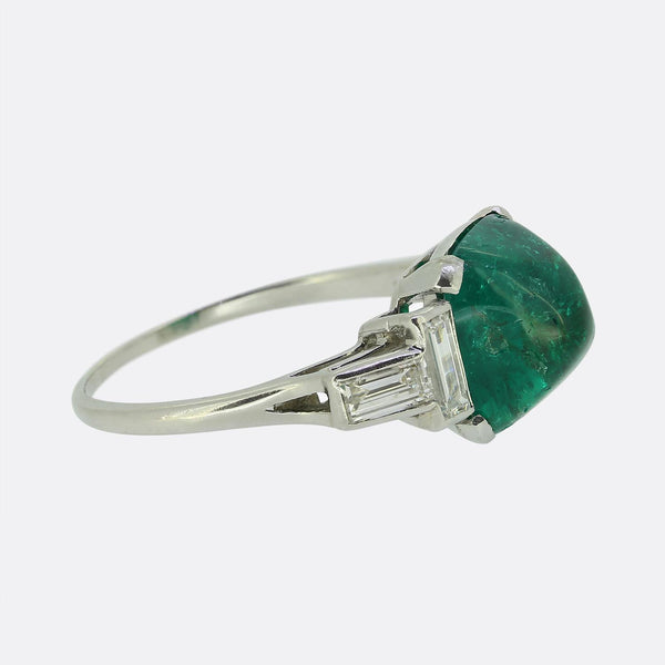 Art Deco 4.00 Carat Colombian Cabochon Emerald and Diamond Ring