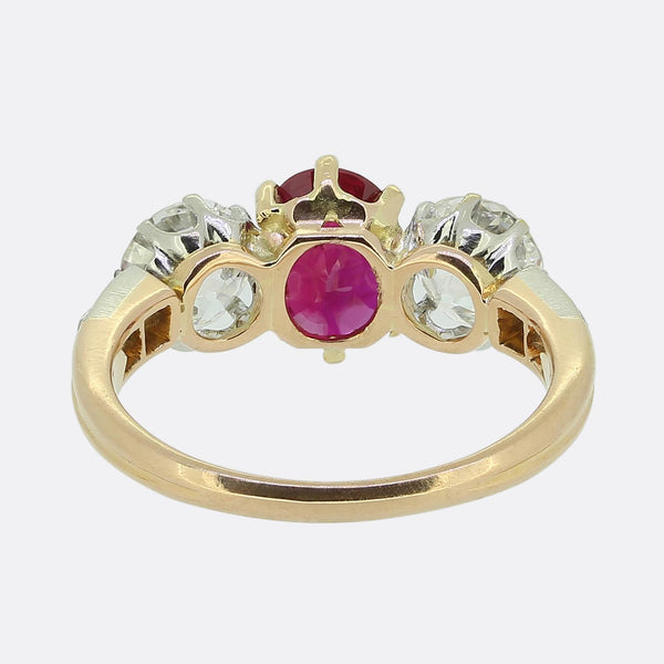 Edwardian Burmese Ruby and Diamond Three Stone Ring