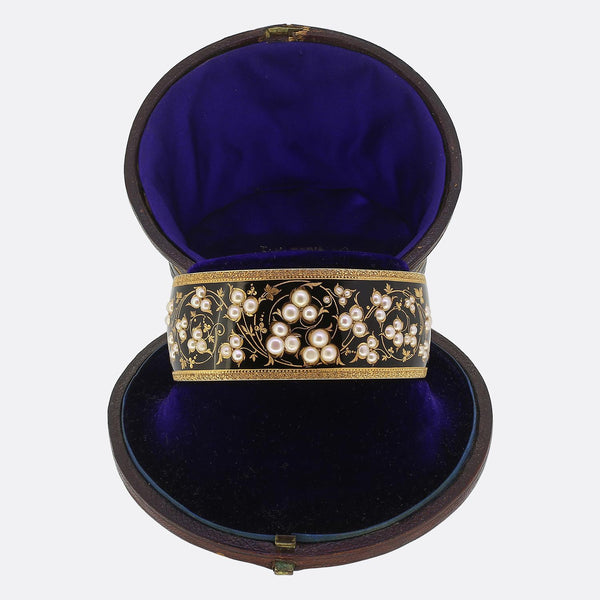 Victorian Pearl and Enamel Foliated Bangle