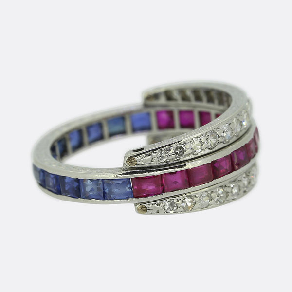 Art Deco Sapphire Ruby and Diamond Day and Night Ring