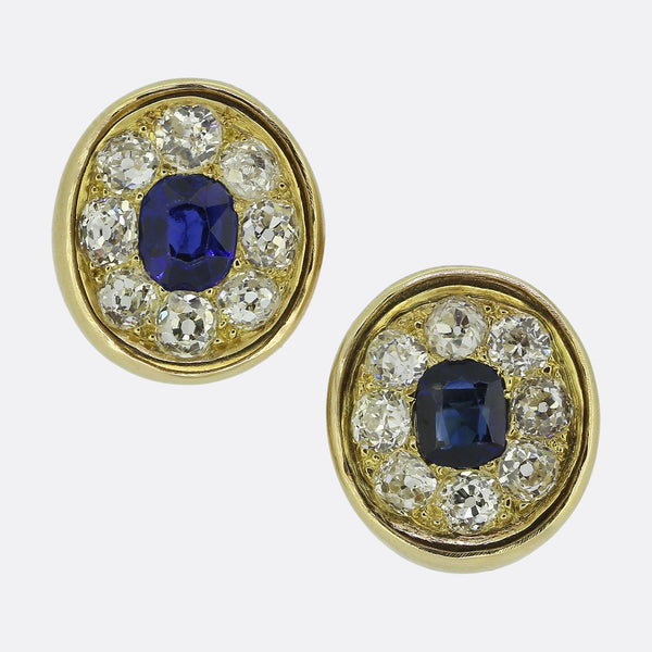 Antique Sapphire and Old Cut Diamond Stud Earrings