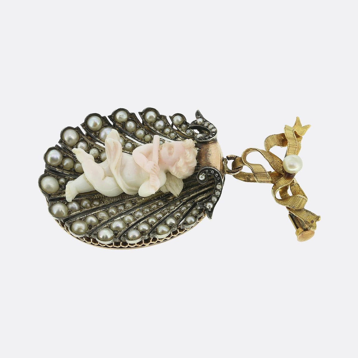 Antique Pearl and Cherub Drop Locket Brooch