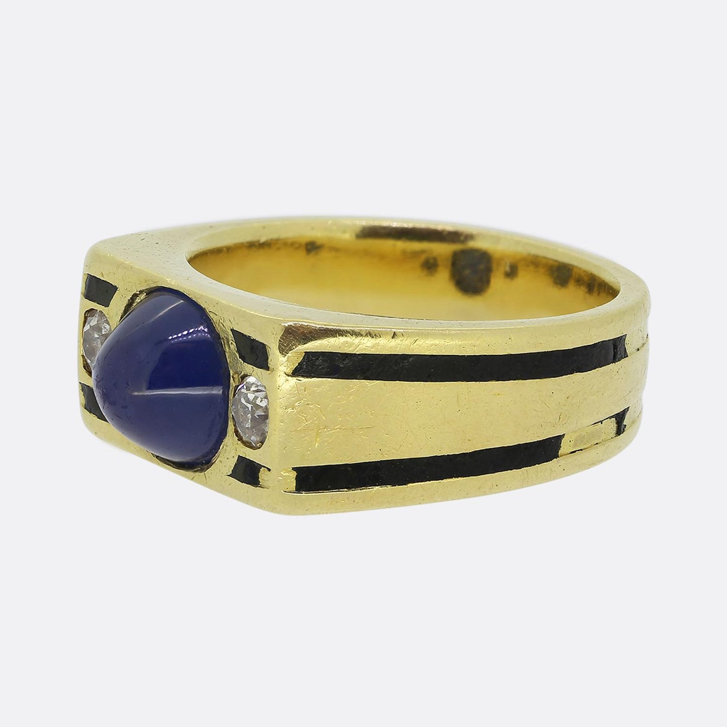French Art Deco Cabochon Sapphire and Diamond Three-Stone Ring