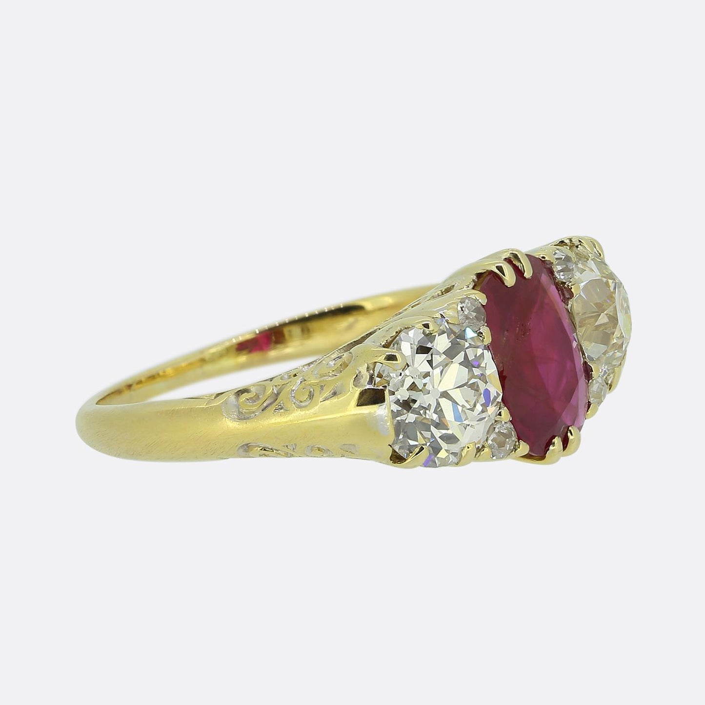 Victorian Natural Burmese Ruby and Diamond Three-Stone Ring