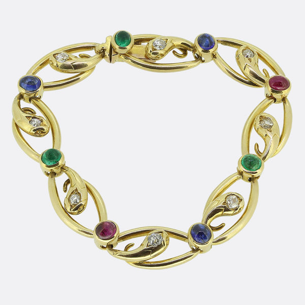 Victorian Multi Cabochon Gemstone and Diamond Snake Bracelet