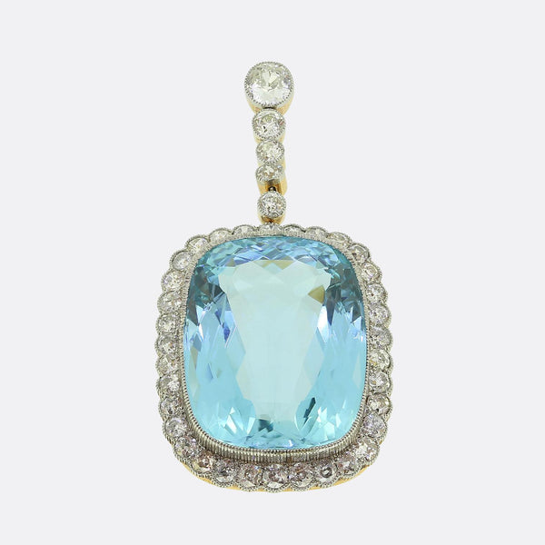 Edwardian 50.00 Carat Aquamarine and Diamond Drop Pendant
