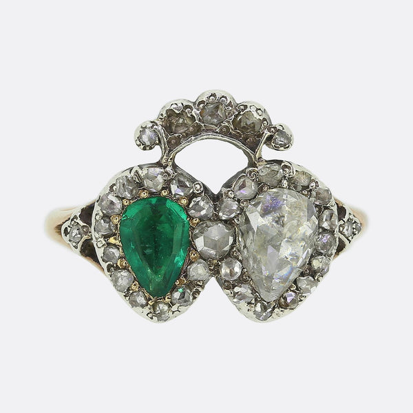 Georgian Emerald and Diamond Double Heart Ring