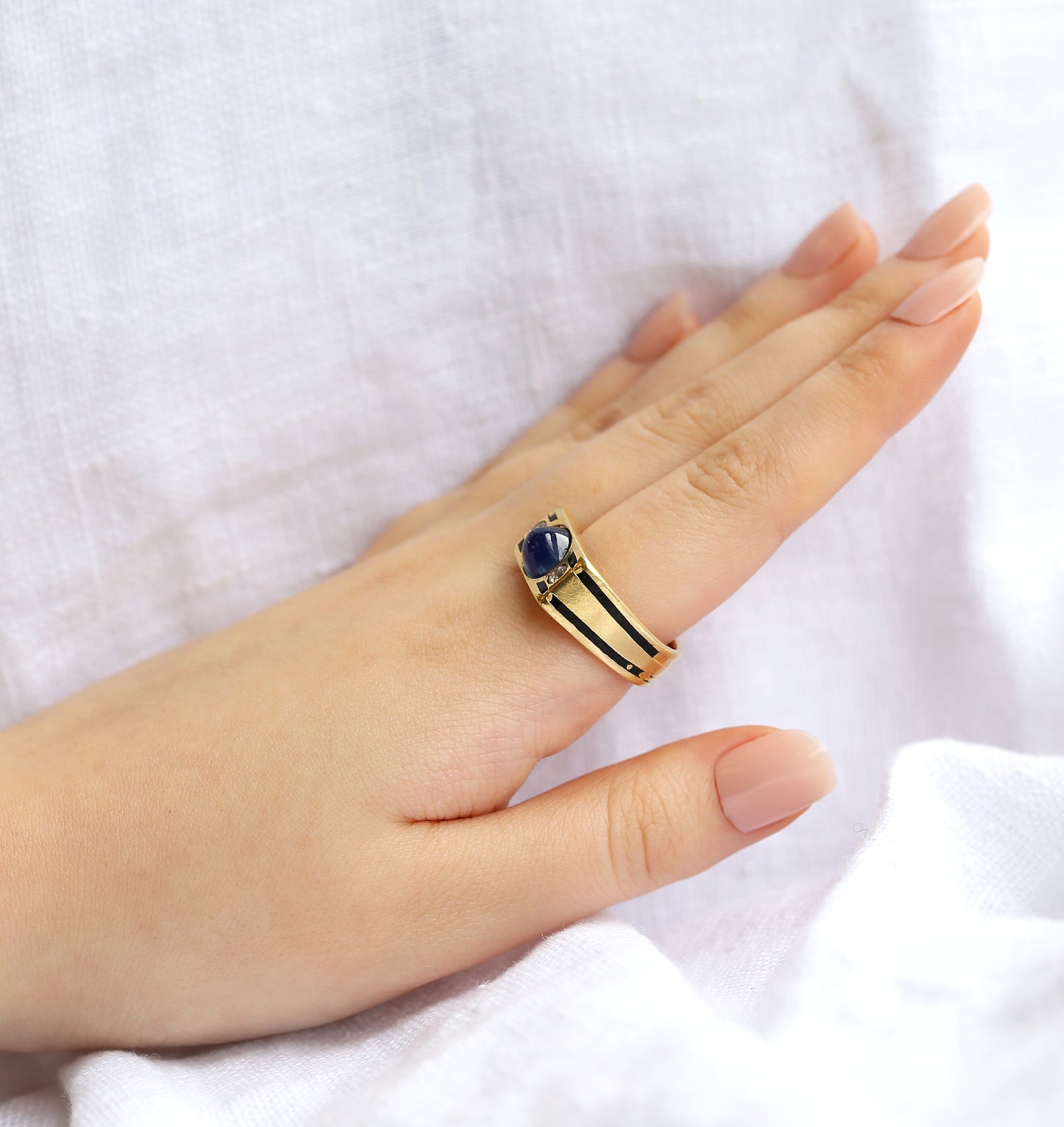 French Art Deco Cabochon Sapphire and Diamond Three-Stone Ring