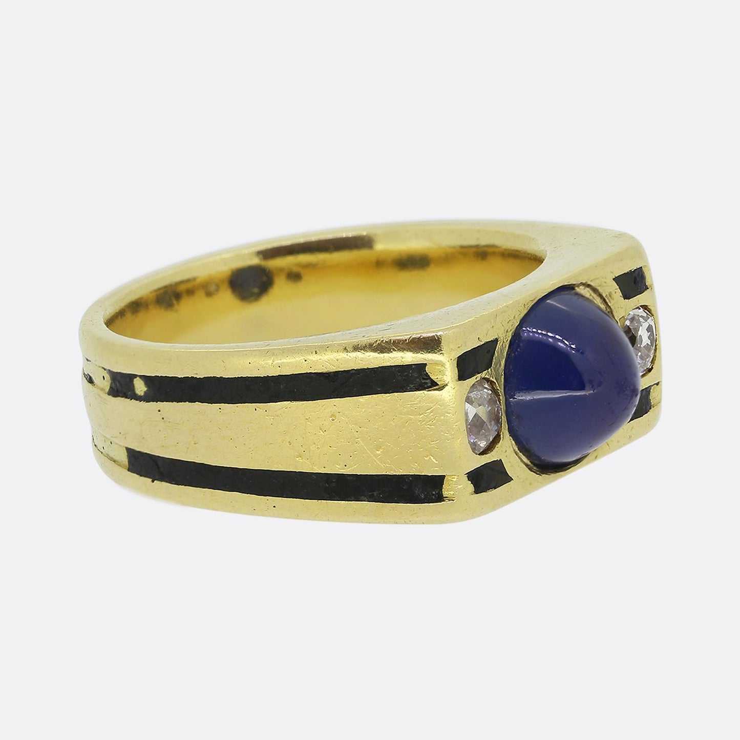 French Art Deco Cabochon Sapphire and Diamond Three-Stone Ring
