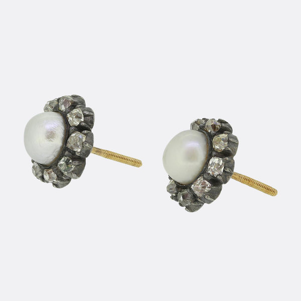 Early Victorian Pearl and Diamond Cluster Earrings