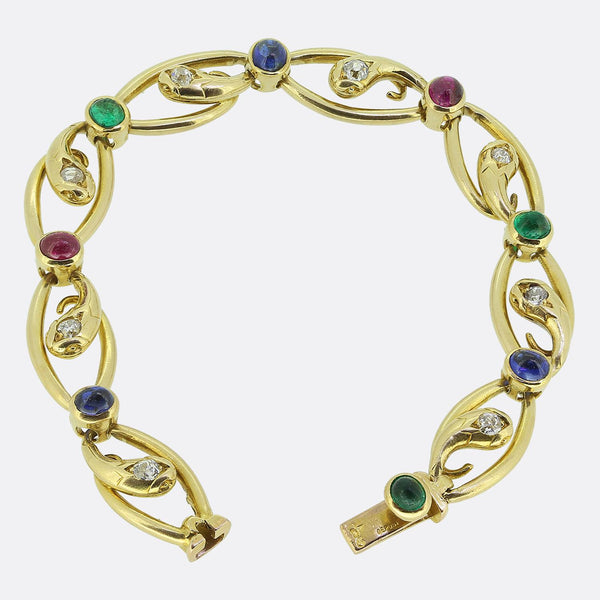 Victorian Multi Cabochon Gemstone and Diamond Snake Bracelet