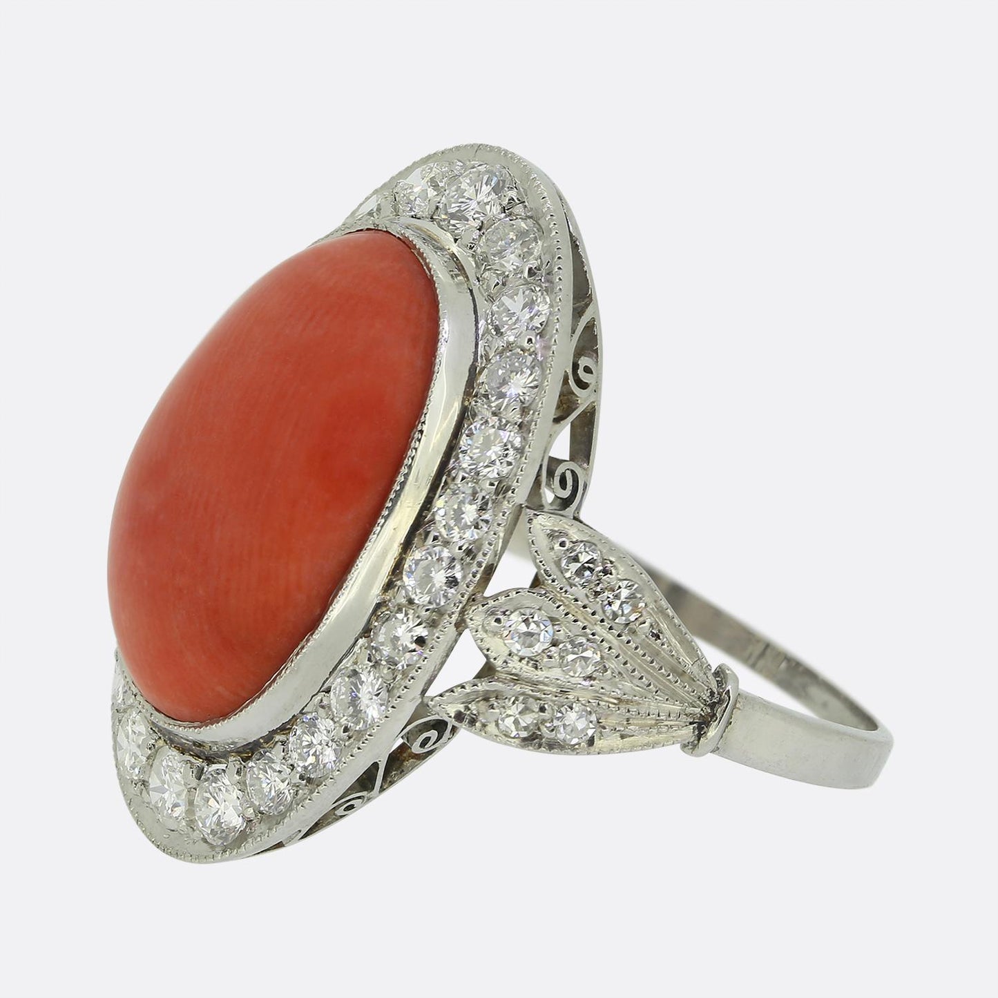 Art Deco Style Coral and Diamond Ring