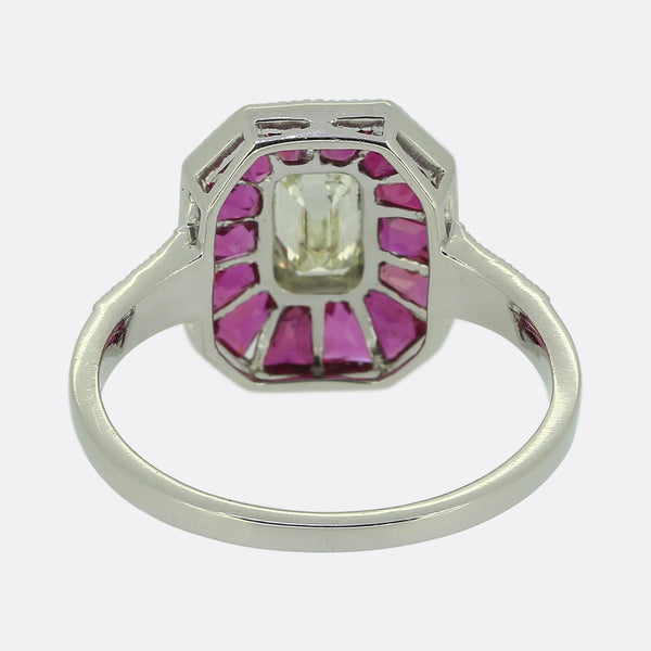Art Deco Style 0.45 Carat Emerald Cut Diamond and Ruby Ring