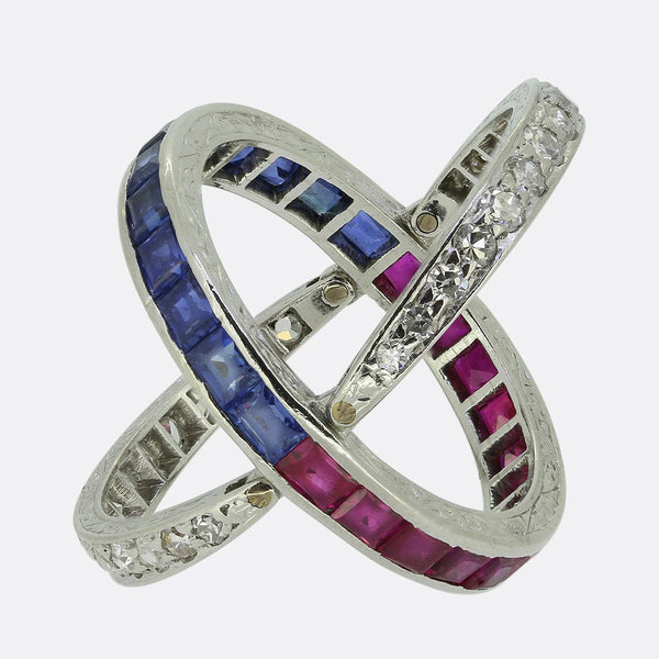 Art Deco Sapphire Ruby and Diamond Day and Night Ring