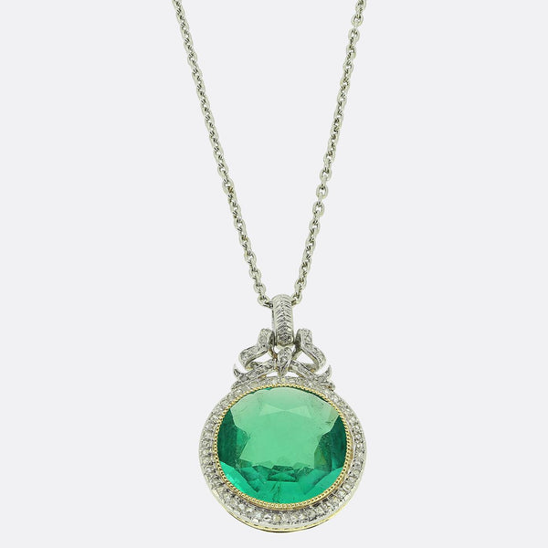 Antique 5.50 Carat Colombian Emerald and Diamond Pendant Necklace