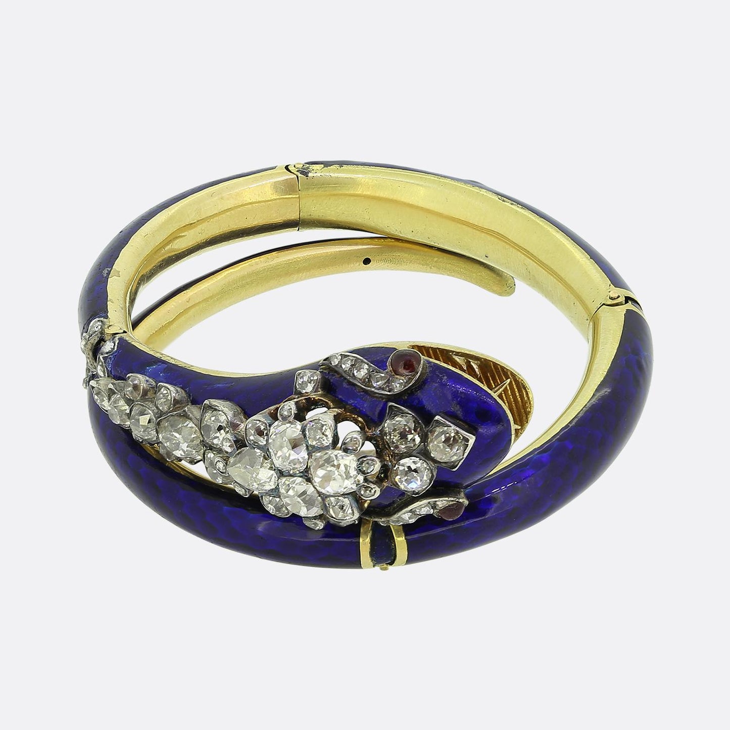 Victorian Old Cut Diamond Ruby and Enamel Snake Bangle Set