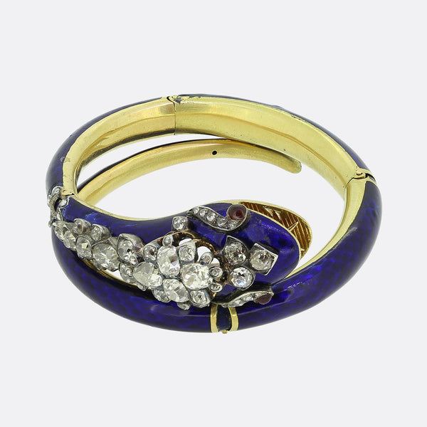 Victorian Old Cut Diamond Ruby and Enamel Snake Bangle Set
