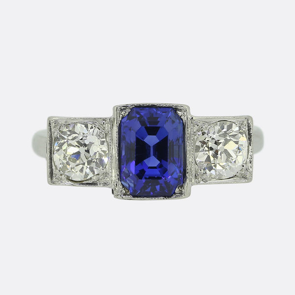 Art Deco 2.30 Carat Natural Sapphire and Diamond Three-Stone Ring