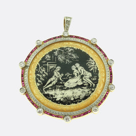 Art Deco Ruby Diamond and Enamel Pendant Brooch