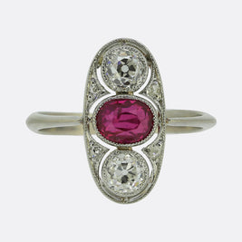 Art Deco Ruby and Diamond Three-Stone Ring