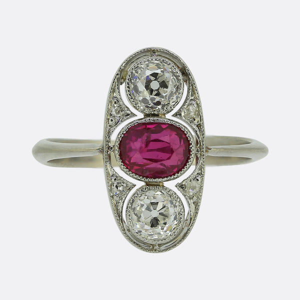 Art Deco Ruby and Diamond Three-Stone Ring