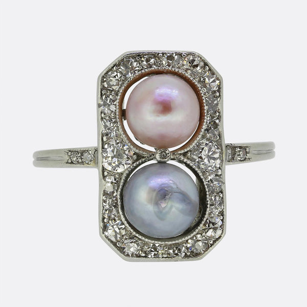 Art Deco Double Pearl and Diamond Tablet Ring