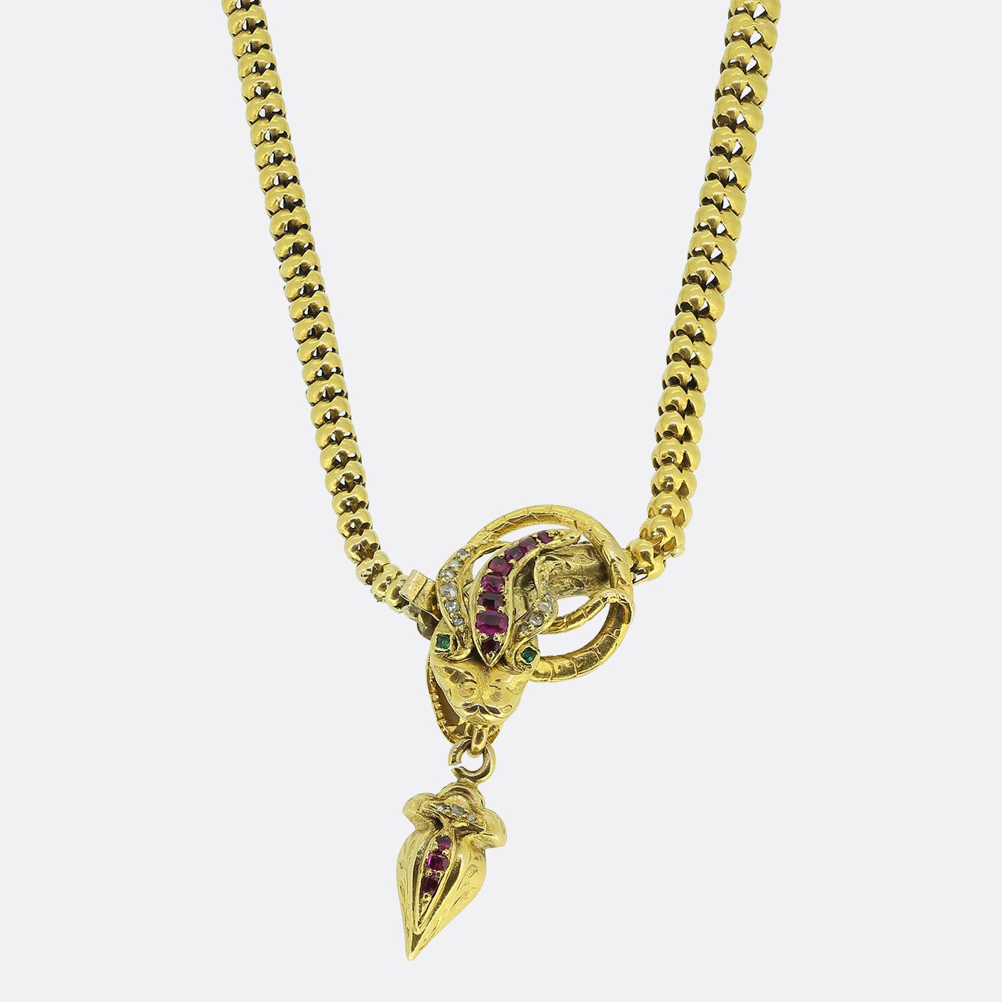 Victorian Ruby Diamond and Emerald Snake Necklace