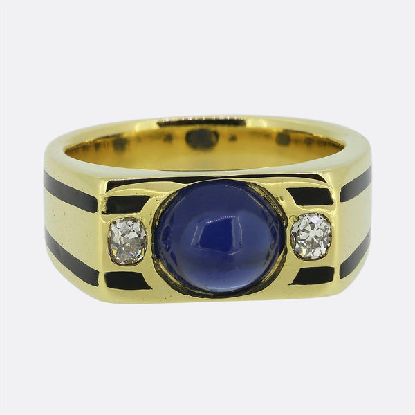 French Art Deco Cabochon Sapphire and Diamond Three-Stone Ring