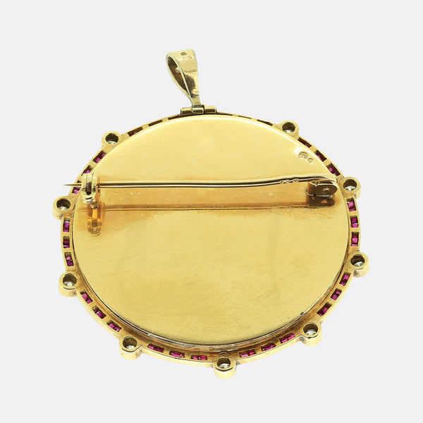 Art Deco Ruby Diamond and Enamel Pendant Brooch