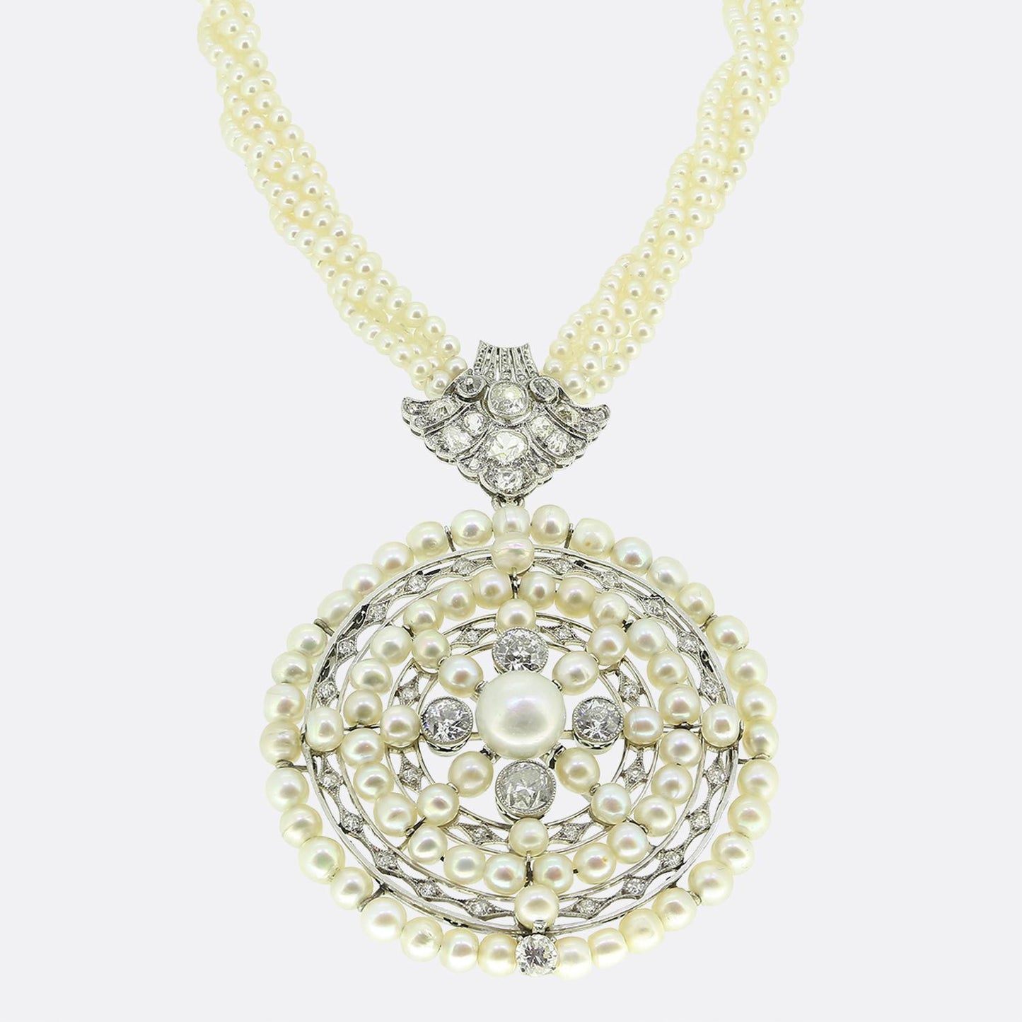 Antique Natural Pearl and Diamond Pendant Necklace