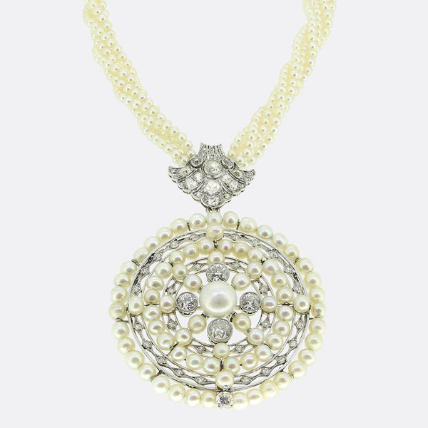 Antique Natural Pearl and Diamond Pendant Necklace