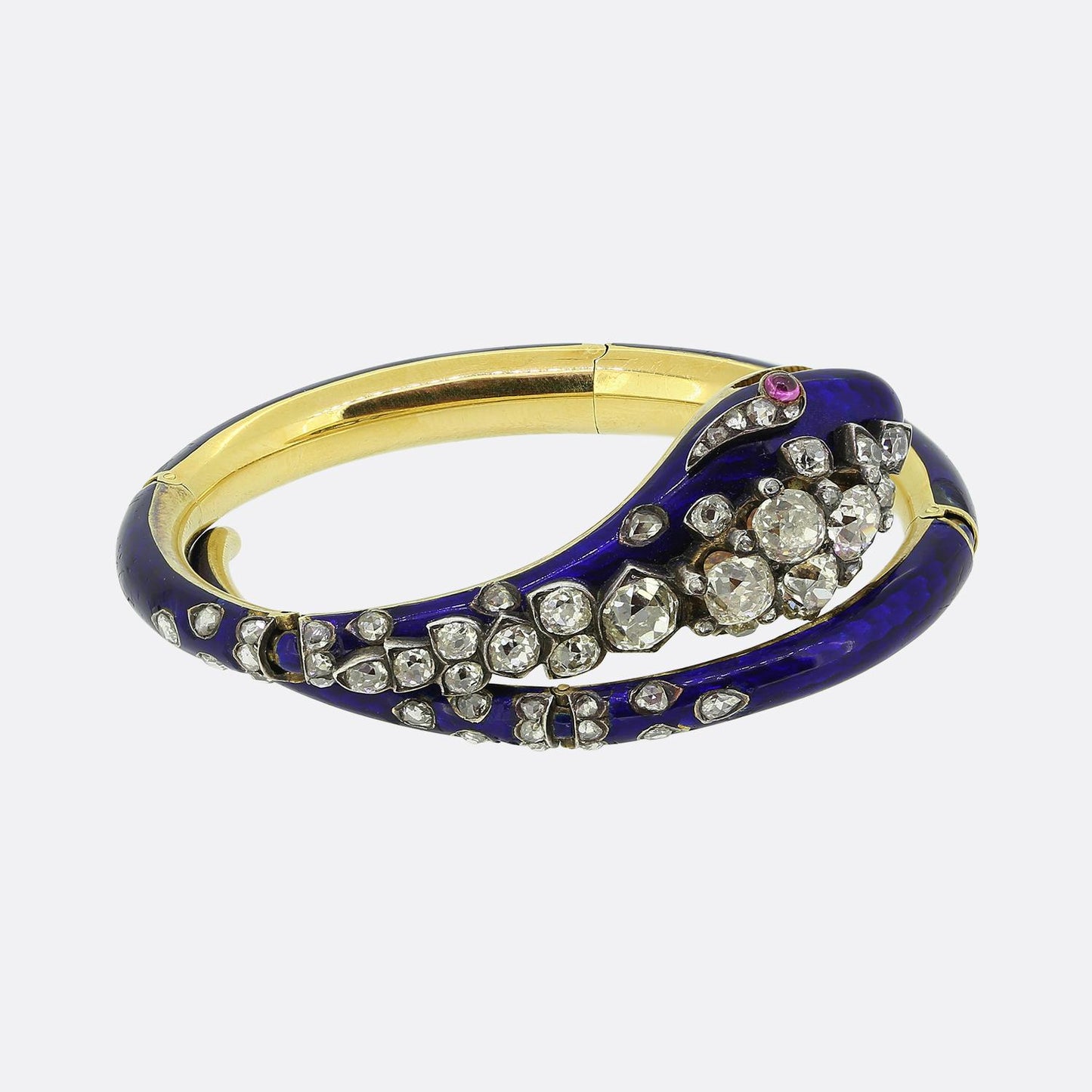Victorian Old Cut Diamond Ruby and Enamel Snake Bangle Set