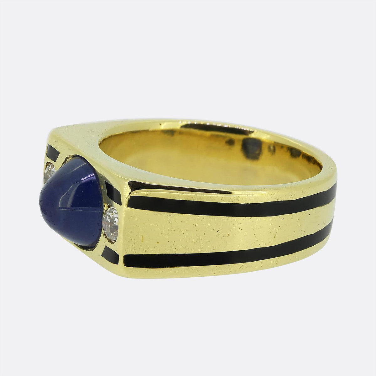 French Art Deco Cabochon Sapphire and Diamond Three-Stone Ring