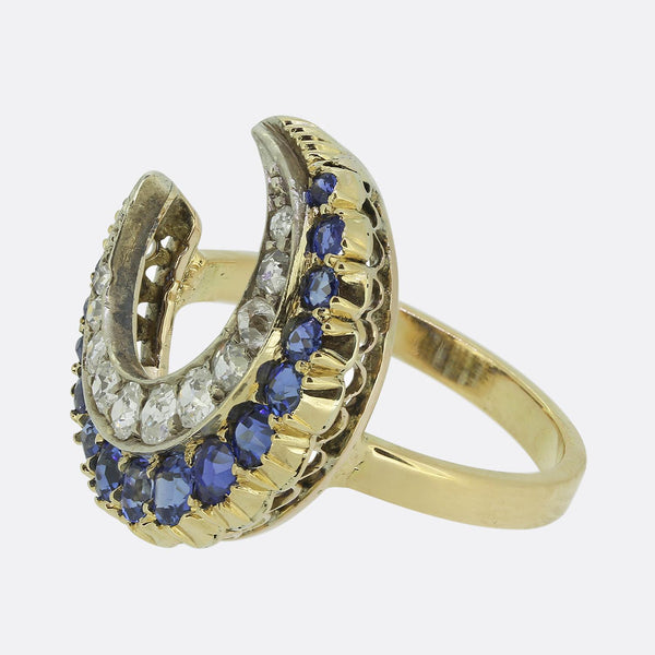 Antique Sapphire and Diamond Crescent Ring