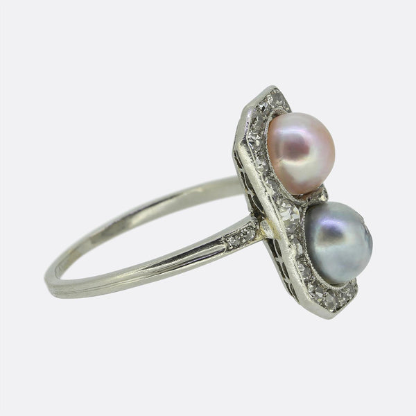Art Deco Double Pearl and Diamond Tablet Ring