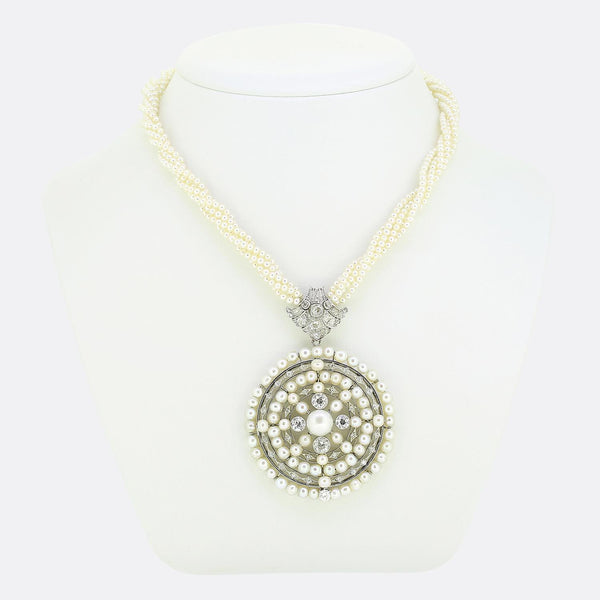 Antique Natural Pearl and Diamond Pendant Necklace