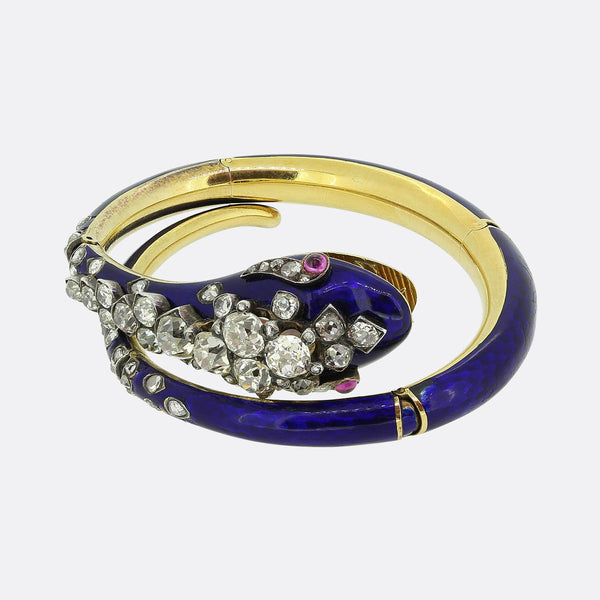 Victorian Old Cut Diamond Ruby and Enamel Snake Bangle Set
